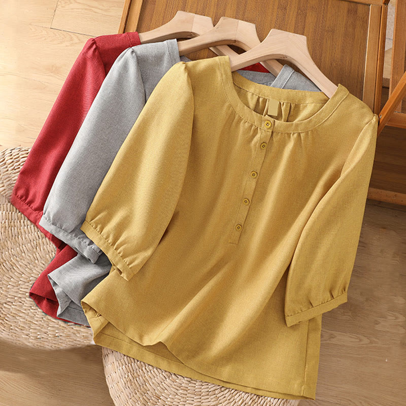 Buddha Stones Plain Button Crew Neck Design Women's Cotton Linen Three Quarter Sleeve Shirt - image 12