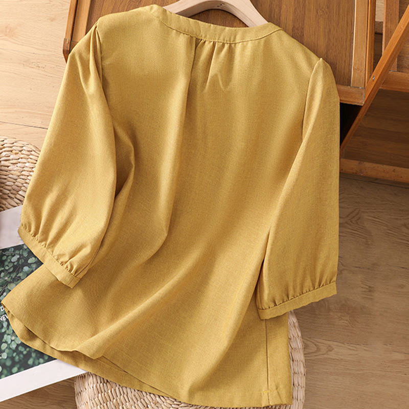 Buddha Stones Plain Button Crew Neck Design Women's Cotton Linen Three Quarter Sleeve Shirt - image 8