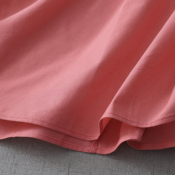 Buddha Stones Casual Pure Color Back Buttons Design Crew Neck Short Sleeve Cotton Linen Midi Dress With Pockets - image 9