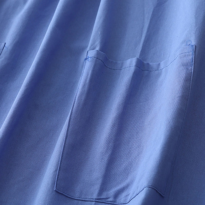 Buddha Stones Casual Pure Color Back Buttons Design Crew Neck Short Sleeve Cotton Linen Midi Dress With Pockets - image 13