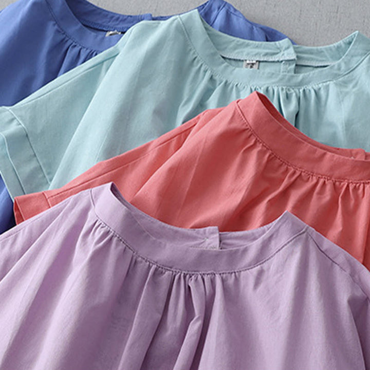 Buddha Stones Casual Pure Color Back Buttons Design Crew Neck Short Sleeve Cotton Linen Midi Dress With Pockets - image 26