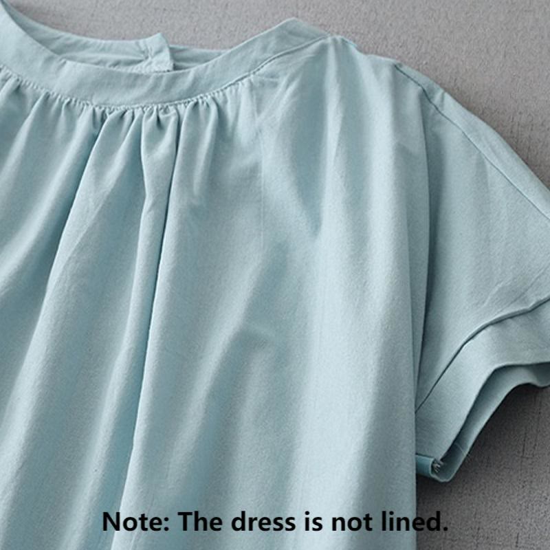 Buddha Stones Casual Pure Color Back Buttons Design Crew Neck Short Sleeve Cotton Linen Midi Dress With Pockets - image 1