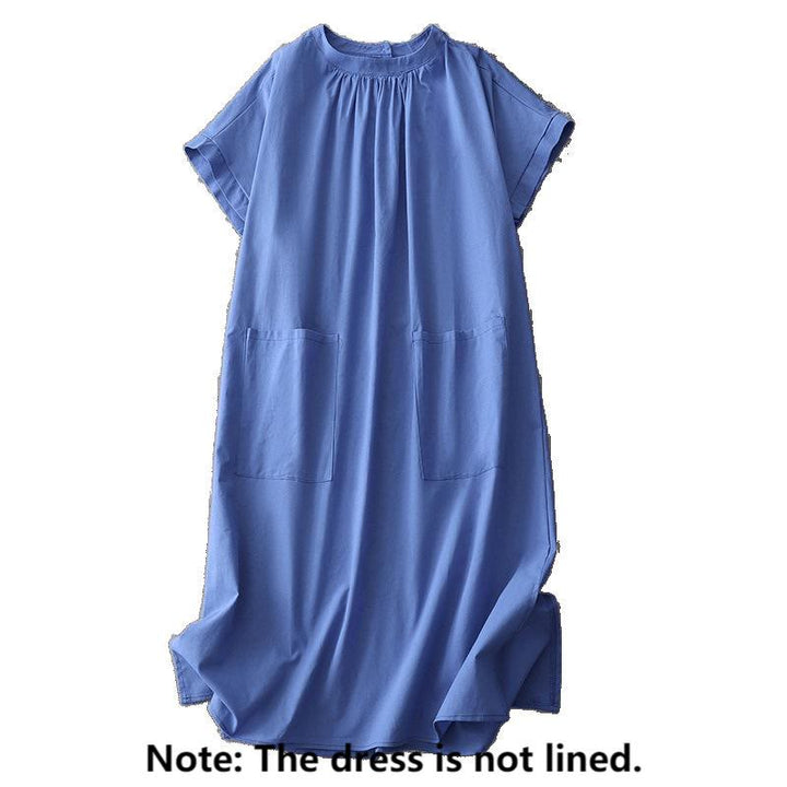 Buddha Stones Casual Pure Color Back Buttons Design Crew Neck Short Sleeve Cotton Linen Midi Dress With Pockets - image 11