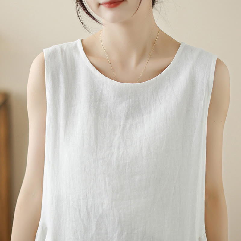 Buddha Stones FloralWhite Casual Back Buttons Design Sleeveless Cotton Midi Dress With Pockets - image 7