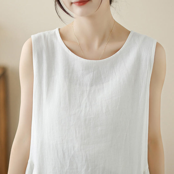 Buddha Stones FloralWhite Casual Back Buttons Design Sleeveless Cotton Midi Dress With Pockets - image 7