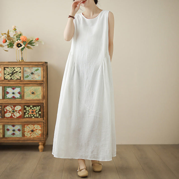 Buddha Stones FloralWhite Casual Back Buttons Design Sleeveless Cotton Midi Dress With Pockets - image 3