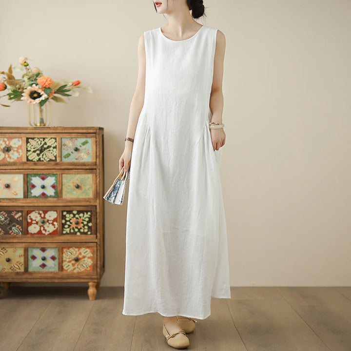 Buddha Stones FloralWhite Casual Back Buttons Design Sleeveless Cotton Midi Dress With Pockets - FloralWhite - US8-10，UK/AU12-14，EU40-42 (2XL) - image 0