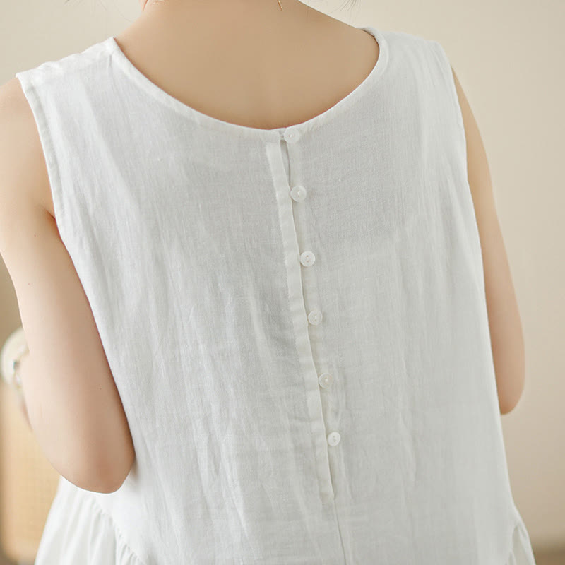 Buddha Stones FloralWhite Casual Back Buttons Design Sleeveless Cotton Midi Dress With Pockets - image 7