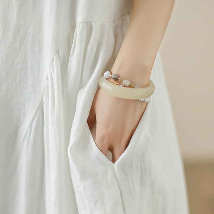 Buddha Stones FloralWhite Casual Back Buttons Design Sleeveless Cotton Midi Dress With Pockets - image 9