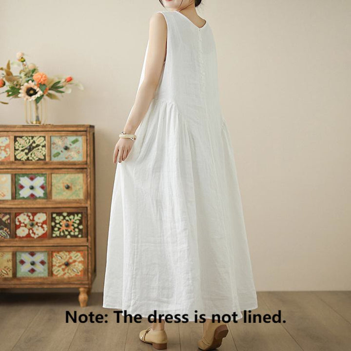 Buddha Stones FloralWhite Casual Back Buttons Design Sleeveless Cotton Midi Dress With Pockets - image 1
