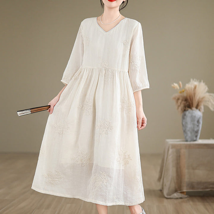 Buddha Stones Beige Casual Embroidery Three Quarter Sleeve Cotton Linen Midi Dress With Pockets - image 4