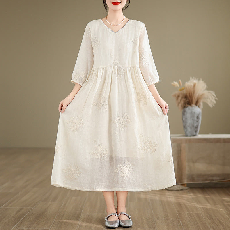 Buddha Stones Beige Casual Embroidery Three Quarter Sleeve Cotton Linen Midi Dress With Pockets - image 4