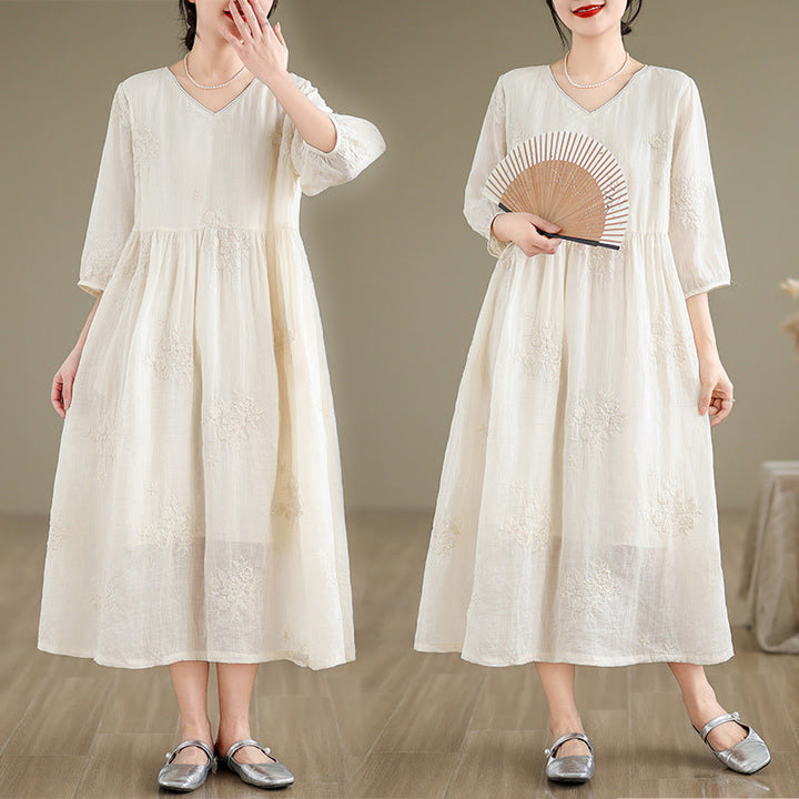Buddha Stones Beige Casual Embroidery Three Quarter Sleeve Cotton Linen Midi Dress With Pockets - image 7