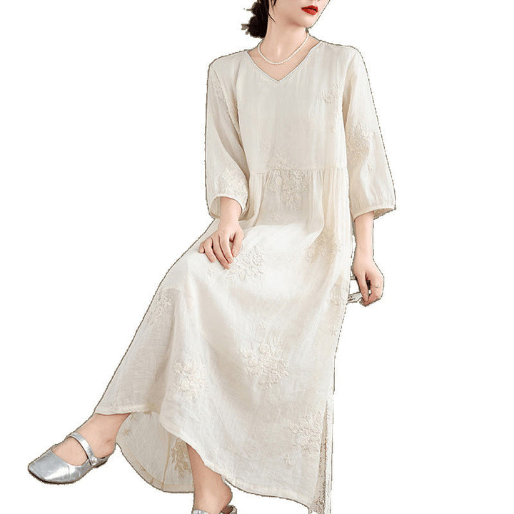 Buddha Stones Beige Casual Embroidery Three Quarter Sleeve Cotton Linen Midi Dress With Pockets - image 12