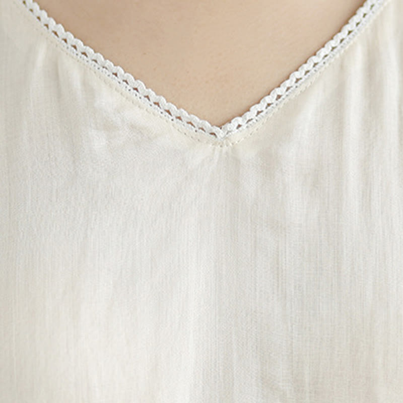 Buddha Stones Beige Casual Embroidery Three Quarter Sleeve Cotton Linen Midi Dress With Pockets - image 8