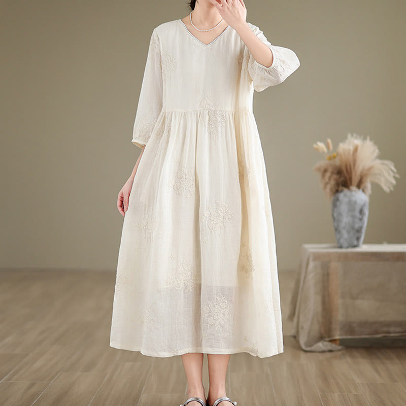 Buddha Stones Beige Casual Embroidery Three Quarter Sleeve Cotton Linen Midi Dress With Pockets - image 3