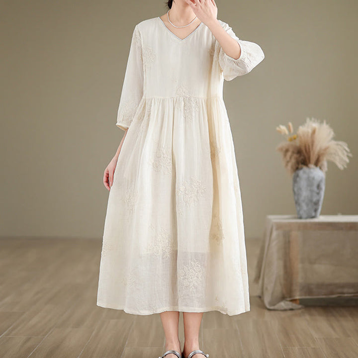 Buddha Stones Beige Casual Embroidery Three Quarter Sleeve Cotton Linen Midi Dress With Pockets - image 3