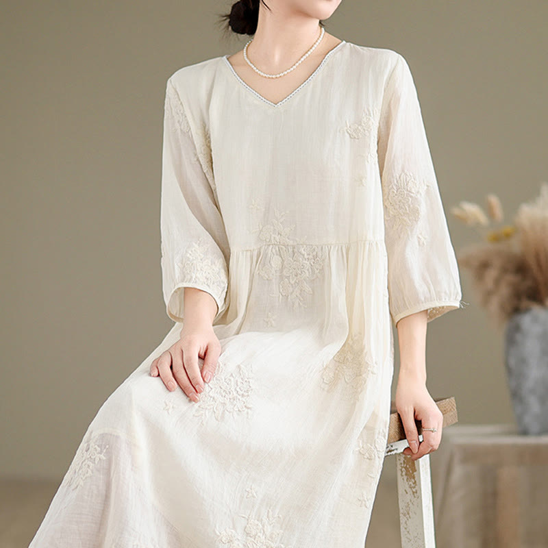 Buddha Stones Beige Casual Embroidery Three Quarter Sleeve Cotton Linen Midi Dress With Pockets - image 6