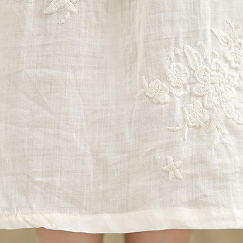 Buddha Stones Beige Casual Embroidery Three Quarter Sleeve Cotton Linen Midi Dress With Pockets - image 11