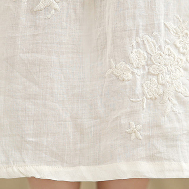 Buddha Stones Beige Casual Embroidery Three Quarter Sleeve Cotton Linen Midi Dress With Pockets - image 11