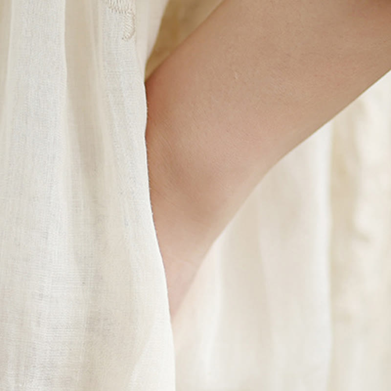 Buddha Stones Beige Casual Embroidery Three Quarter Sleeve Cotton Linen Midi Dress With Pockets - image 8