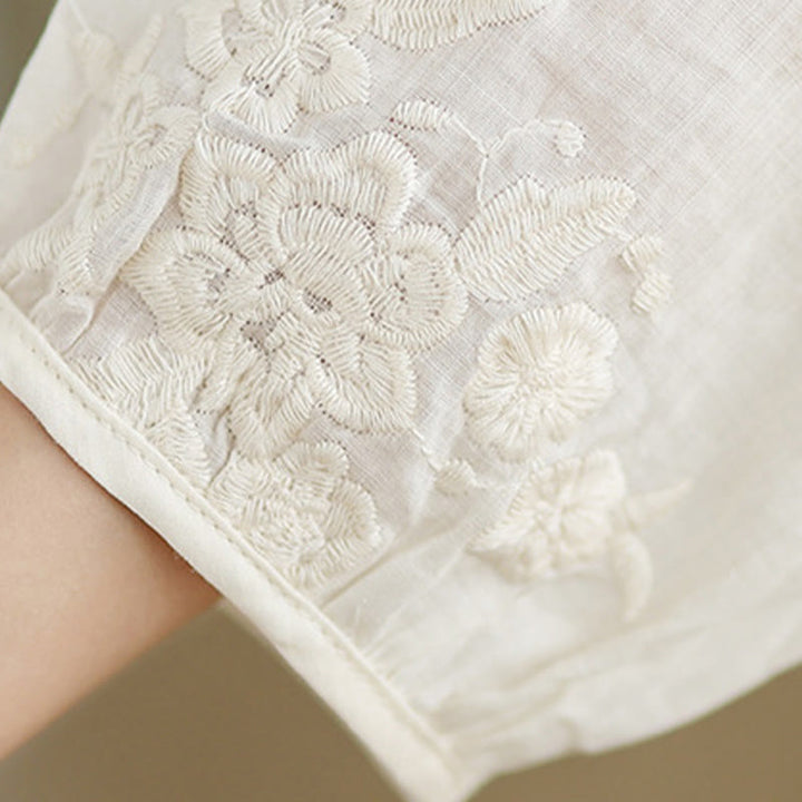 Buddha Stones Beige Casual Embroidery Three Quarter Sleeve Cotton Linen Midi Dress With Pockets - image 10
