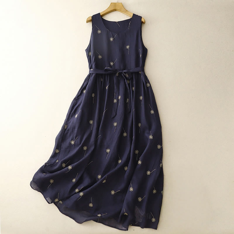 Buddha Stones MidnightBlue Printing Lace-Up Design Sleeveless Cotton Midi Dress With Pockets - MidnightBlue - US8-10，UK/AU12-14，EU40-42 (2XL) - image 0