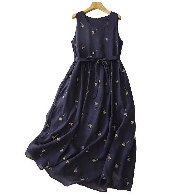 Buddha Stones MidnightBlue Printing Lace-Up Design Sleeveless Cotton Midi Dress With Pockets - image 11