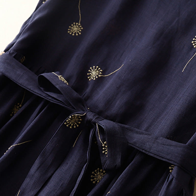 Buddha Stones MidnightBlue Printing Lace-Up Design Sleeveless Cotton Midi Dress With Pockets - image 6