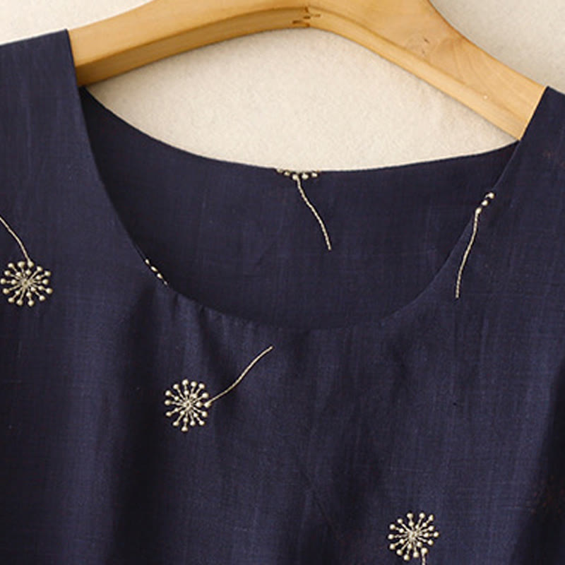 Buddha Stones MidnightBlue Printing Lace-Up Design Sleeveless Cotton Midi Dress With Pockets - image 3