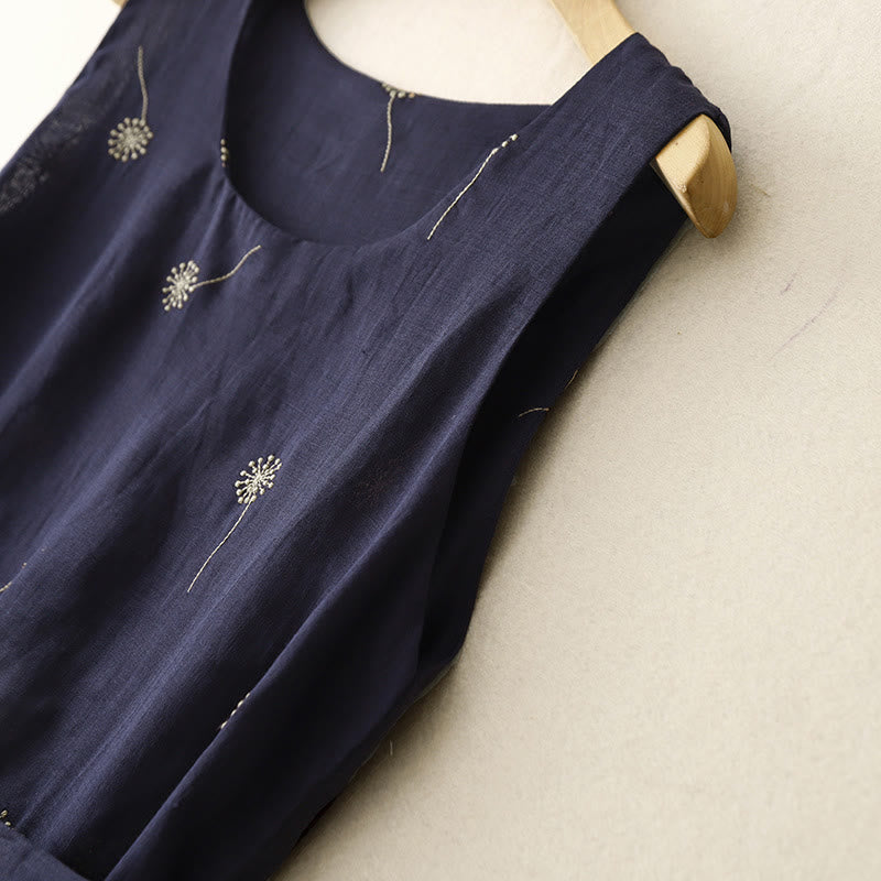 Buddha Stones MidnightBlue Printing Lace-Up Design Sleeveless Cotton Midi Dress With Pockets - image 4