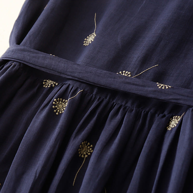 Buddha Stones MidnightBlue Printing Lace-Up Design Sleeveless Cotton Midi Dress With Pockets - image 7