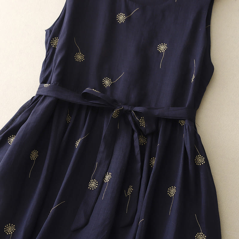 Buddha Stones MidnightBlue Printing Lace-Up Design Sleeveless Cotton Midi Dress With Pockets - image 7