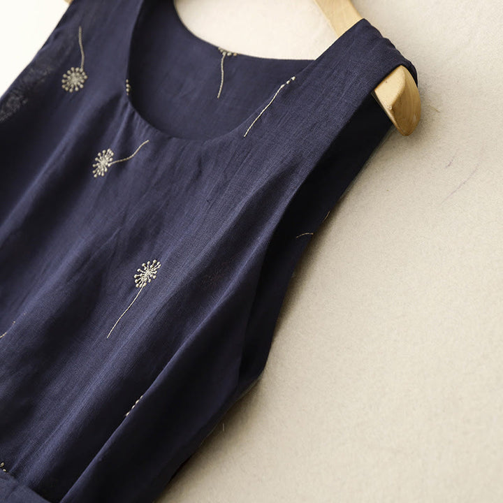 Buddha Stones MidnightBlue Printing Lace-Up Design Sleeveless Cotton Midi Dress With Pockets - image 3