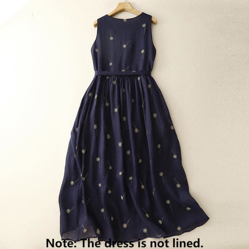 Buddha Stones MidnightBlue Printing Lace-Up Design Sleeveless Cotton Midi Dress With Pockets - image 2
