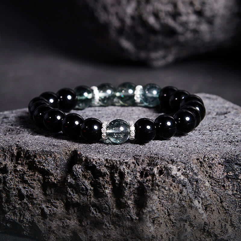 Buddha Stones 925 Sterling Silver Black Obsidian Green Phantom Strength Bracelet - Black Obsidian(Wrist Circumference: 14-16cm) - image 0