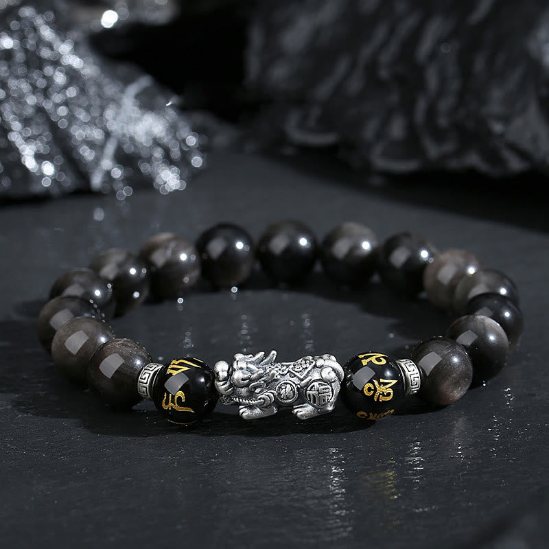 Buddha Stones 999 Sterling Silver PiXiu Natural Black Obsidian Strength Bracelet - Black Obsidian(Wrist Circumference: 14-16cm) - image 0