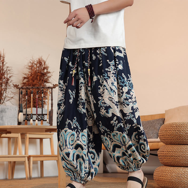 Buddha Stones Dragon Print Cotton Men's Harem Ankle-Length Pants With Pockets - Navy - US/UK/AU46，EU56 (5XL) - image 0