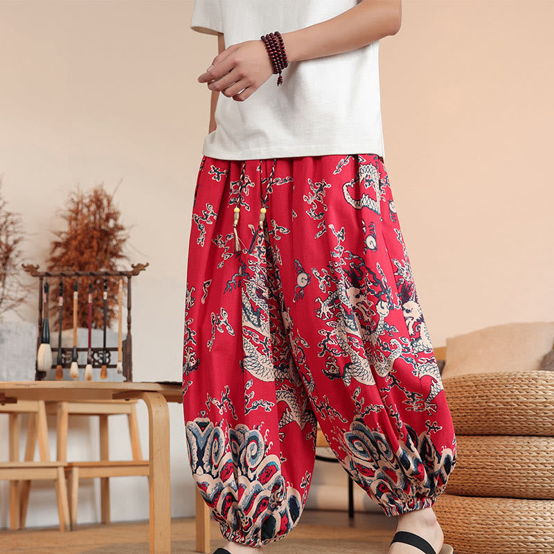 Buddha Stones Dragon Print Cotton Men's Harem Ankle-Length Pants With Pockets - Red - US/UK/AU46，EU56 (5XL) - image 11