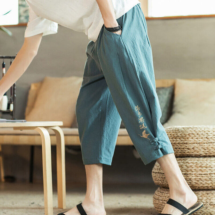 Buddha Stones Crane Embroidery Cotton Men's Cropped Harem Pants With Pockets - CadetBlue - US/UK/AU46，EU56 (5XL) - image 0