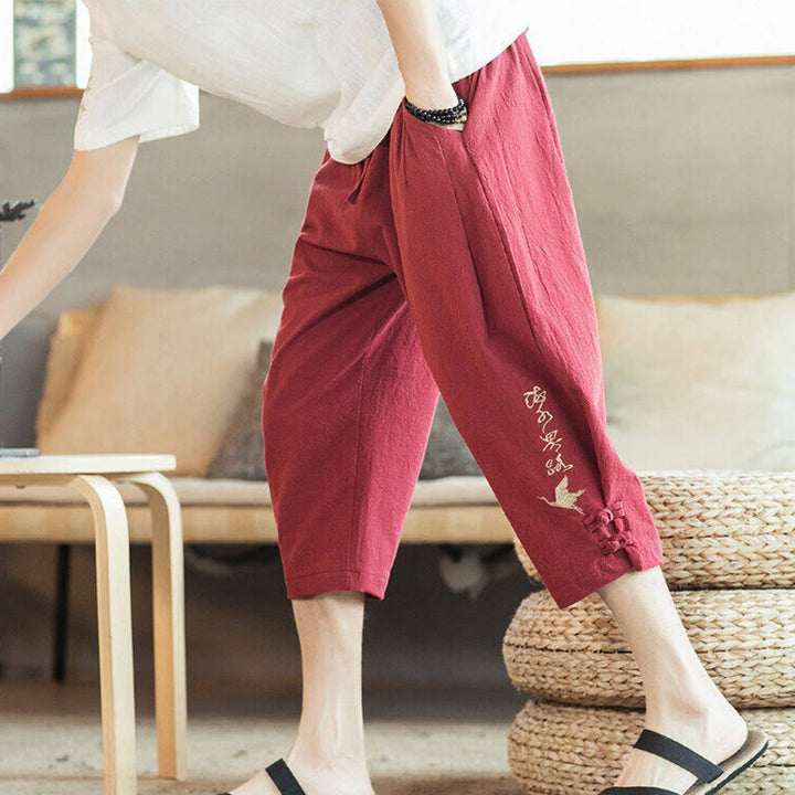 Buddha Stones Crane Embroidery Cotton Men's Cropped Harem Pants With Pockets - Red - US/UK/AU46，EU56 (5XL) - image 32