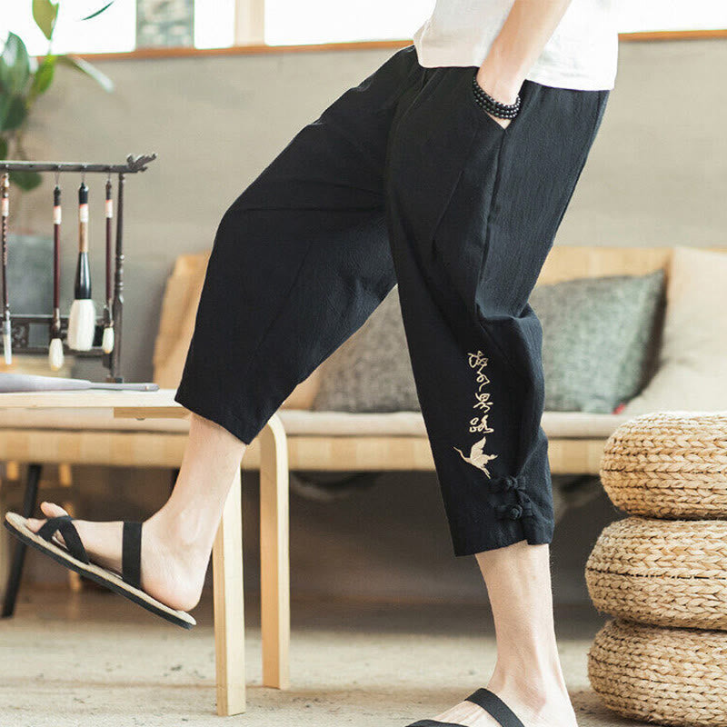 Buddha Stones Crane Embroidery Cotton Men's Cropped Harem Pants With Pockets - Black - US/UK/AU46，EU56 (5XL) - image 22