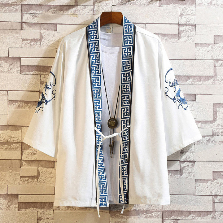 Buddha Stones Embroidery Dragon Phoenix Auspicious Cloud Waves Leaves Cranes Open Front Jacket Men's Kimono