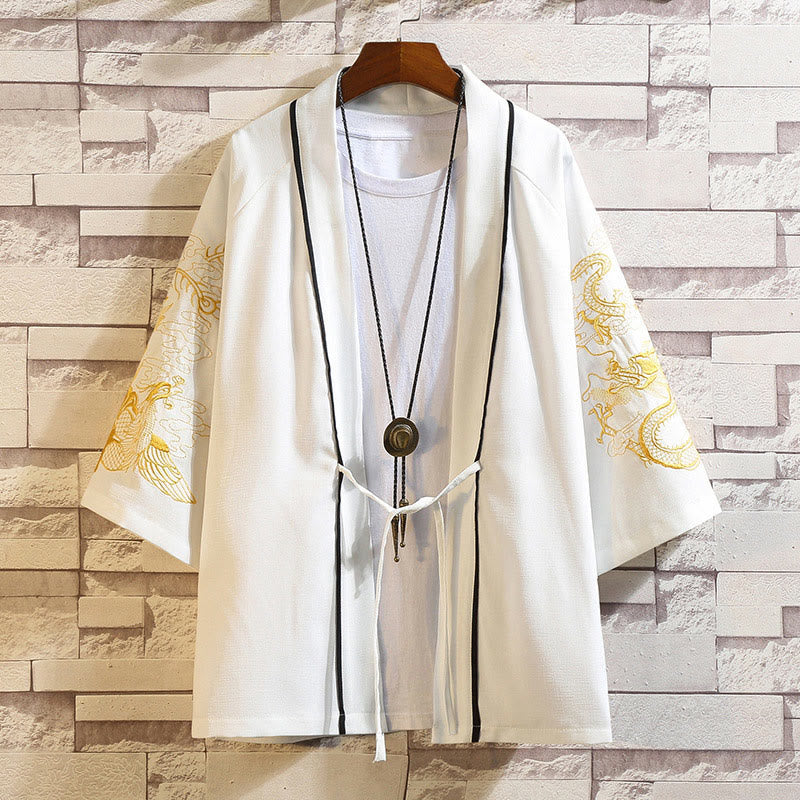 Buddha Stones Embroidery Dragon Phoenix Auspicious Cloud Waves Leaves Cranes Open Front Jacket Men's Kimono - Golden Dragon Phoenix-White - US/UK/AU46，EU56 (5XL) - image 20