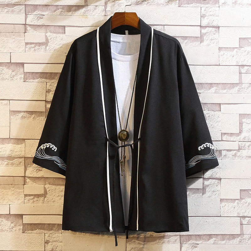 Buddha Stones Embroidery Dragon Phoenix Auspicious Cloud Waves Leaves Cranes Open Front Jacket Men's Kimono - Ocean Waves-Black - US/UK/AU46，EU56 (5XL) - image 37