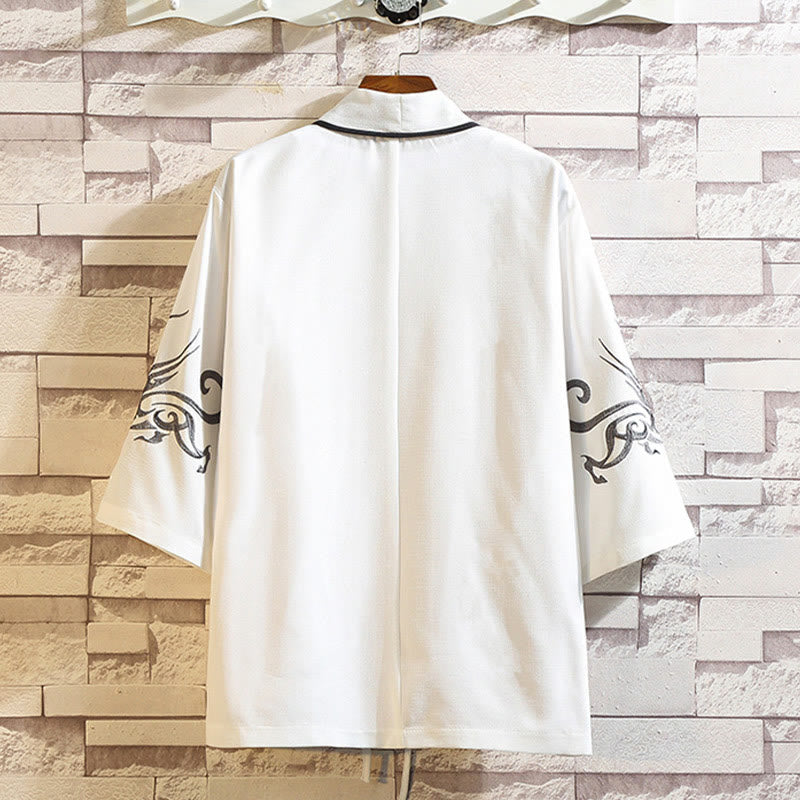 Buddha Stones Embroidery Dragon Phoenix Auspicious Cloud Waves Leaves Cranes Open Front Jacket Men's Kimono