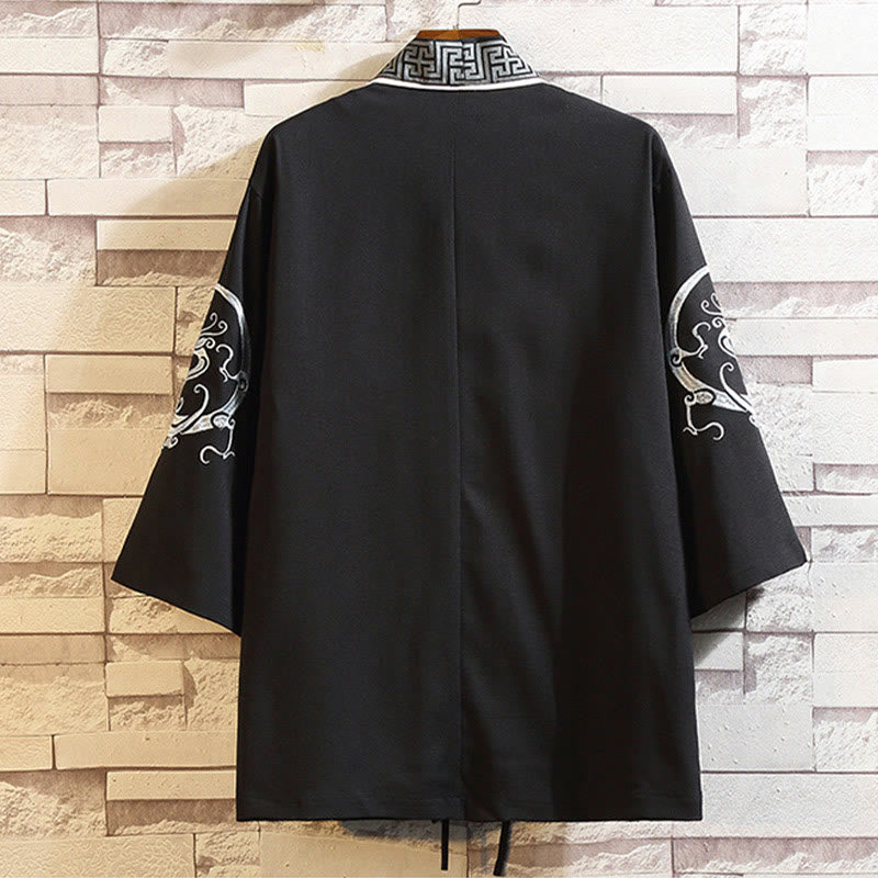 Buddha Stones Embroidery Dragon Phoenix Auspicious Cloud Waves Leaves Cranes Open Front Jacket Men's Kimono