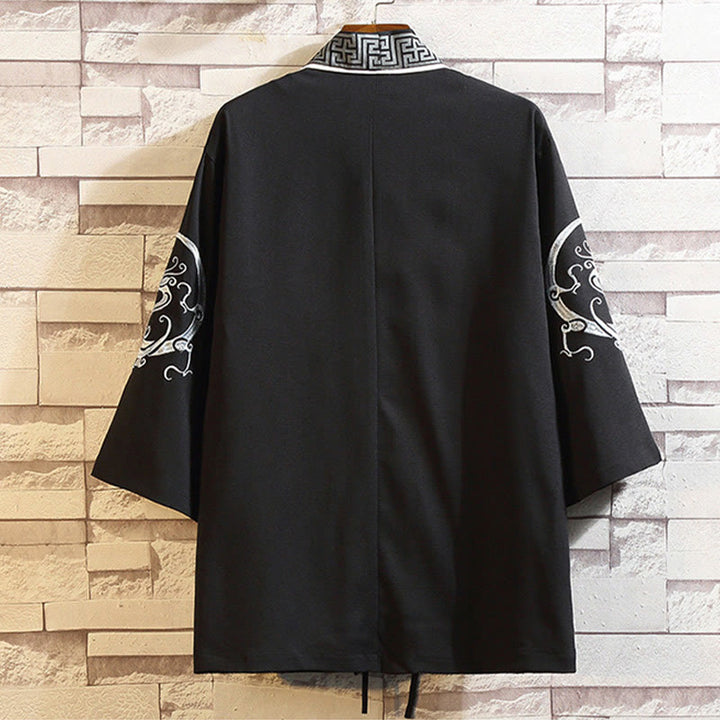 Buddha Stones Embroidery Dragon Phoenix Auspicious Cloud Waves Leaves Cranes Open Front Jacket Men's Kimono