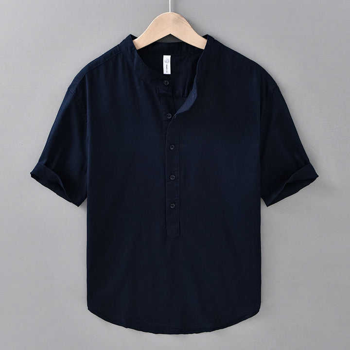 Buddha Stones Summer Solid Color Men's Half Button Short Sleeve Cotton Linen Shirt - MidnightBlue - US/UK/AU42，EU52 (3XL) - image 15