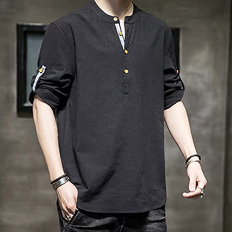 Buddha Stones Summer Solid Men's Half Buttons Half Sleeve Linen Shirt - image 12